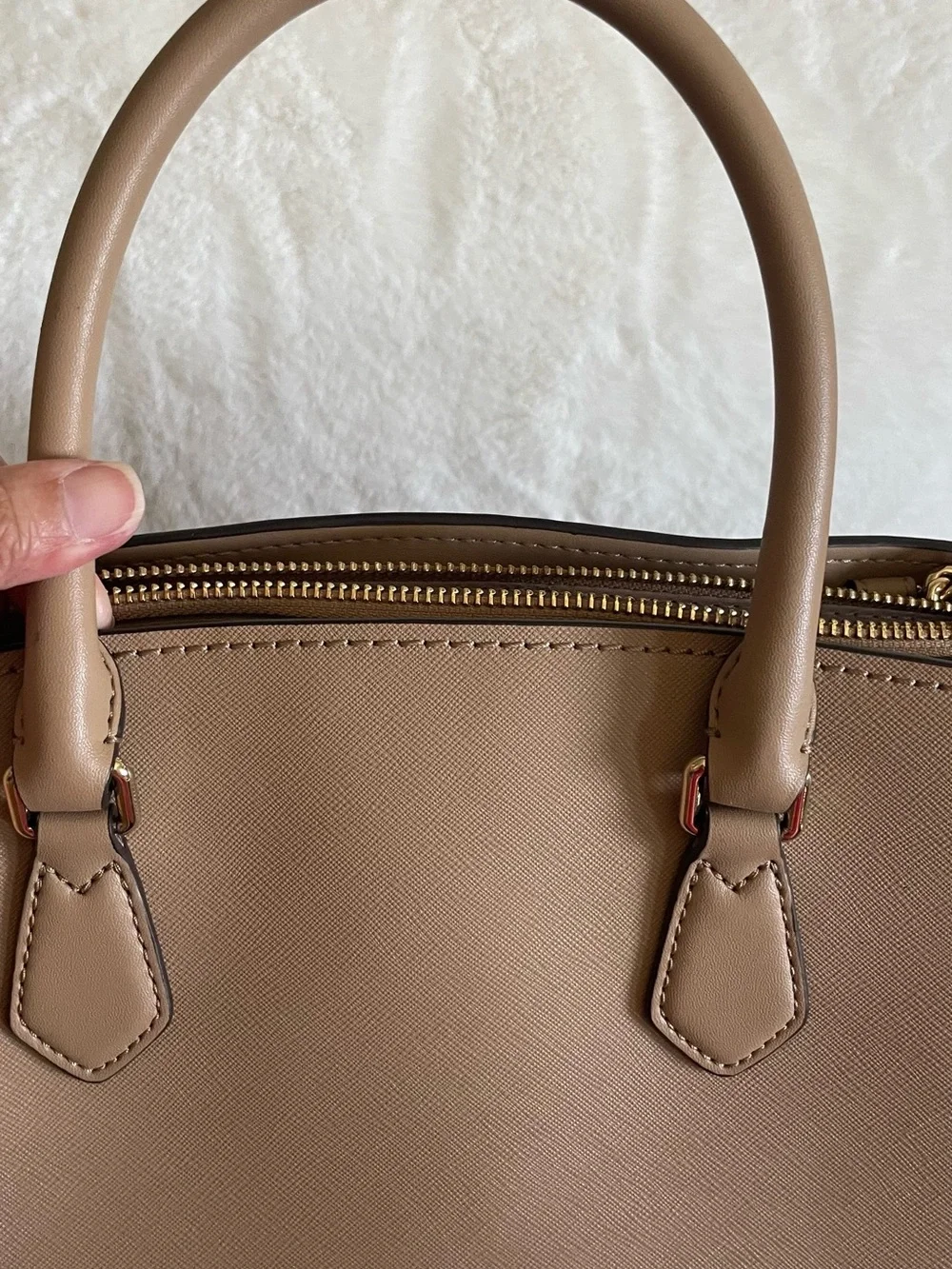 NWT Michael Kors Taupe Saffiano Leather Satchel with Gold Hardware.